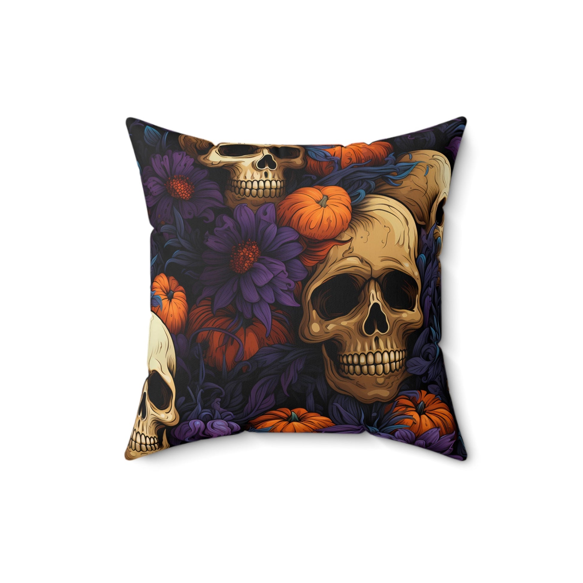 Floral Skulls and Pumpkins Square PillowHome DecorVTZdesigns16" × 16"All Over PrintAOPbaroque