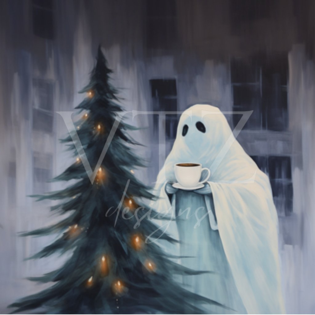 Ghost Drinking Coffee By Christmas Tree PosterVTZdesigns5″×7″art printchristmascoffee lover