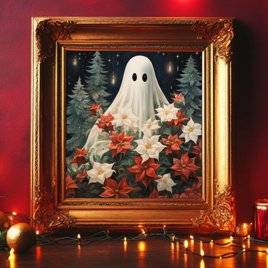 Ghost With Poinsettias PosterVTZdesigns5″×7″christmasdark academiaghostly