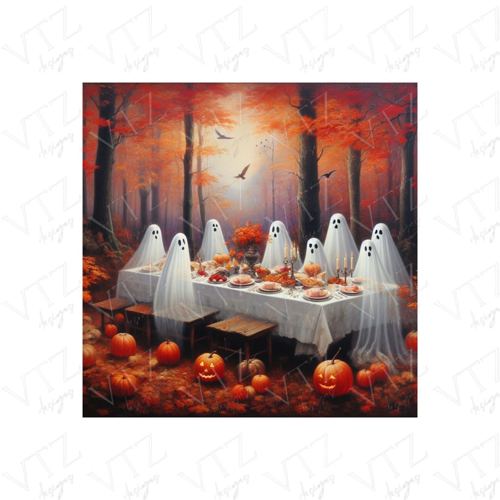 Ghosts Having Thanksgiving Dinner in Autumn Forest PosterVTZdesigns5″×7″Art & Wall Decorautumndining room