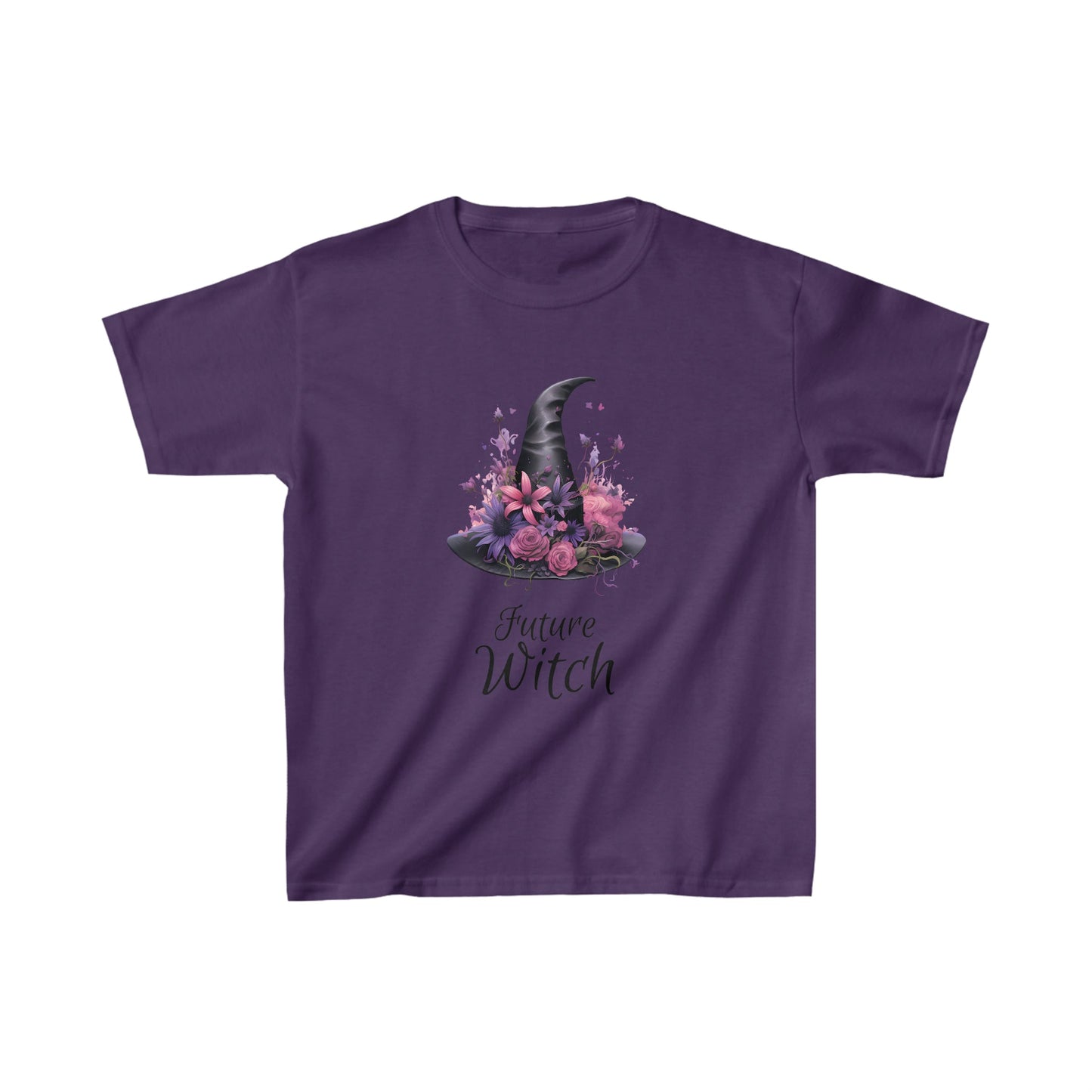 Girls Future Witch Floral Hat Halloween Kids Heavy Cotton™ TeeKids clothesVTZdesignsXSPurpleCottonCrew neckDTG