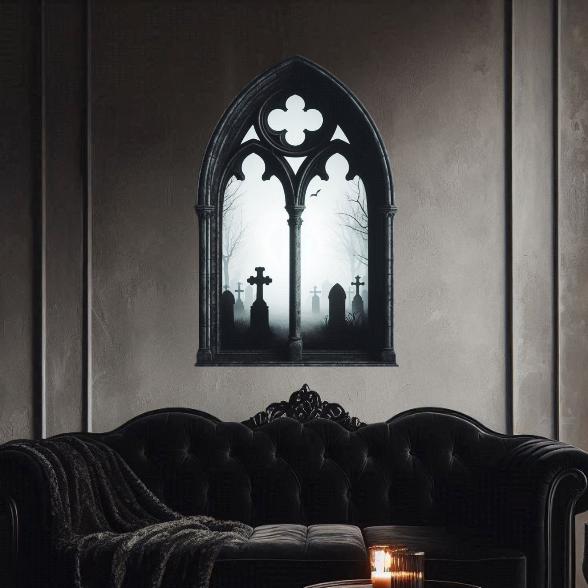 Gothic Window With Cemetery Scene Wood SignWall DecorVTZdesignsWhite16x16InchArt & Wall Decorcreepydark academia