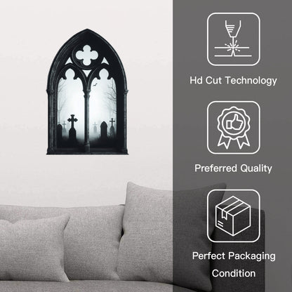 Gothic Window With Cemetery Scene Wood SignVTZdesignsWhite16x16Inch