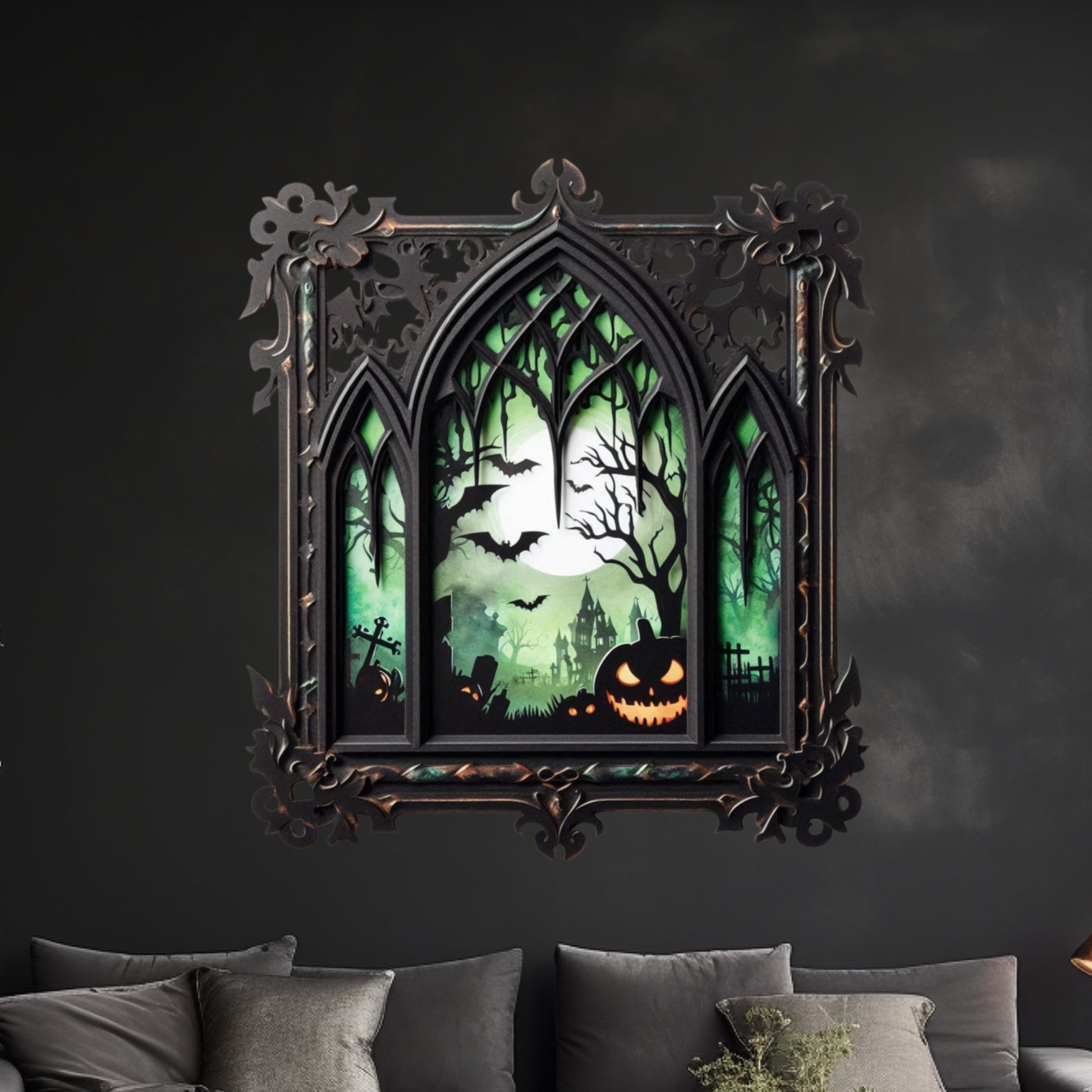 Gothic Window With Spooky Halloween Scene Wood SignHome DecorVTZdesignsWhite16x16InchArt & Wall Decordie cutgothic