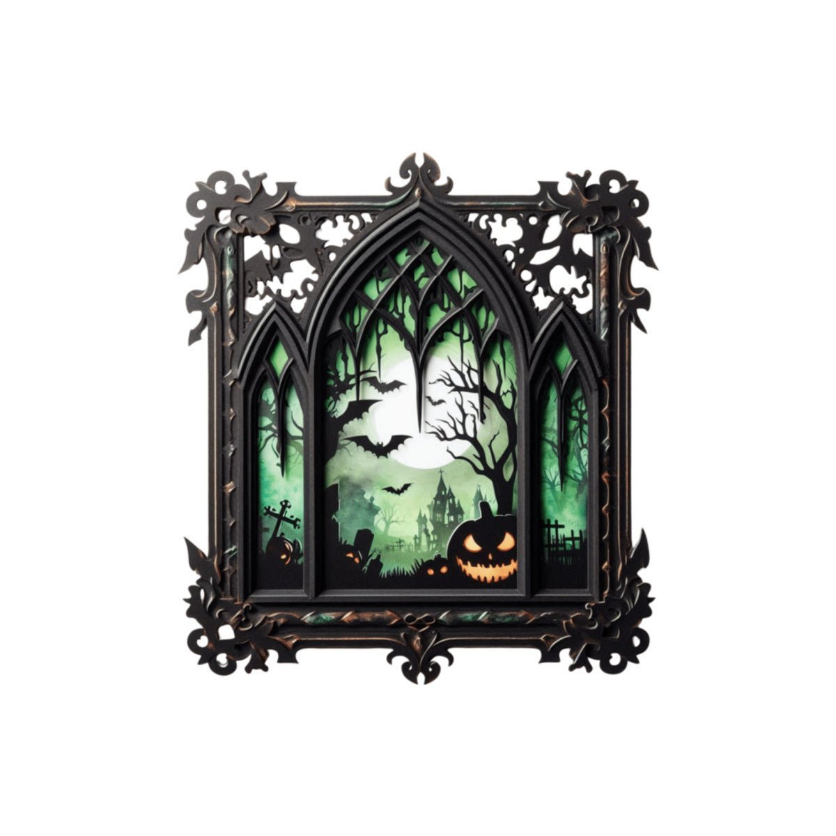 Gothic Window With Spooky Halloween Scene Wood SignVTZdesignsWhite16x16Inch