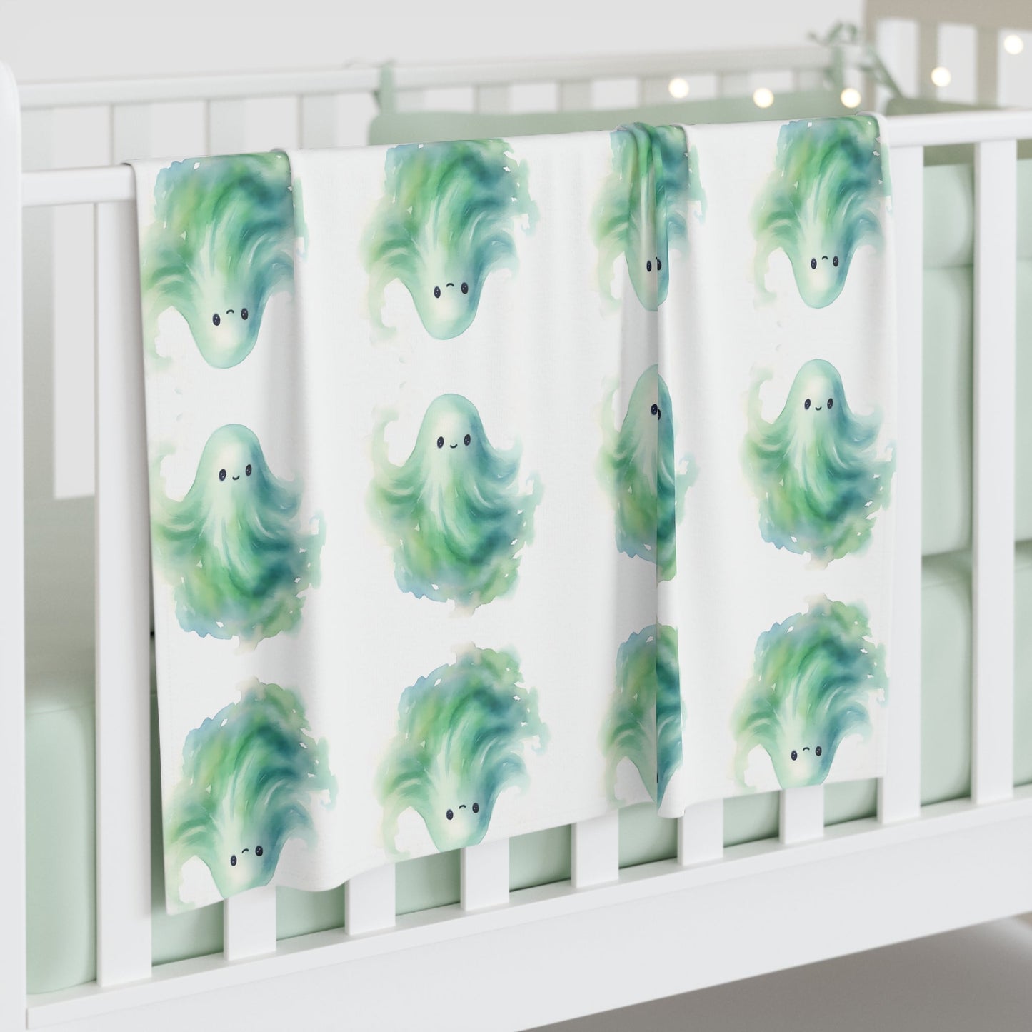 Green Blue Watercolor Cute Ghosts Halloween Boys Baby Swaddle BlanketHome DecorVTZdesigns30" × 40"WhiteAccessoriesAll Over PrintAOP