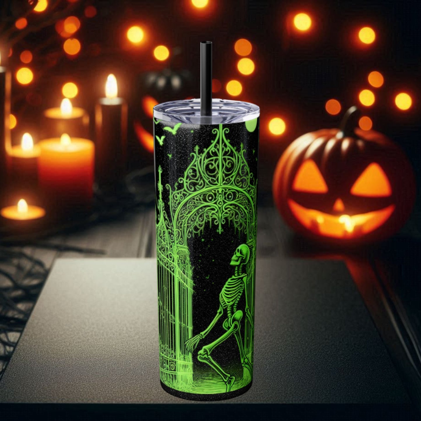 Green Skeleton In Graveyard Tumbler with StrawMugVTZdesignsGlossyGlitter Black20oz20 ozBottles & Tumblerscemetery