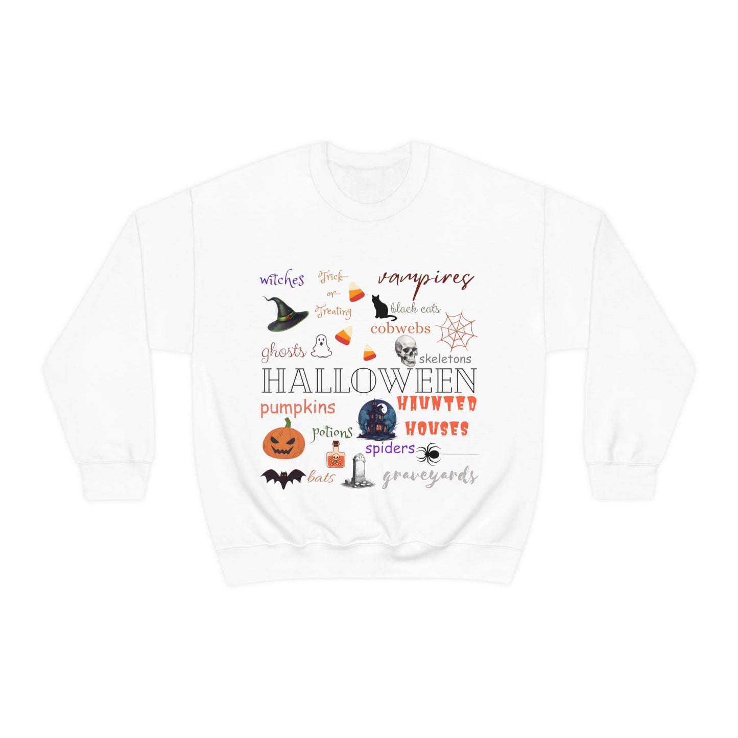 Halloween Collage Print Crewneck Pullover SweatshirtSweatshirtVTZdesignsSWhitebatblack catcozy
