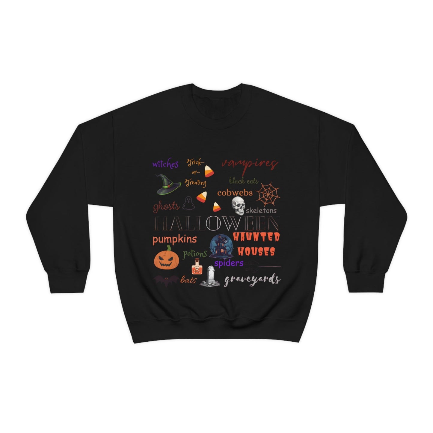Halloween Collage Print Crewneck Pullover SweatshirtSweatshirtVTZdesignsSBlackbatblack catcozy