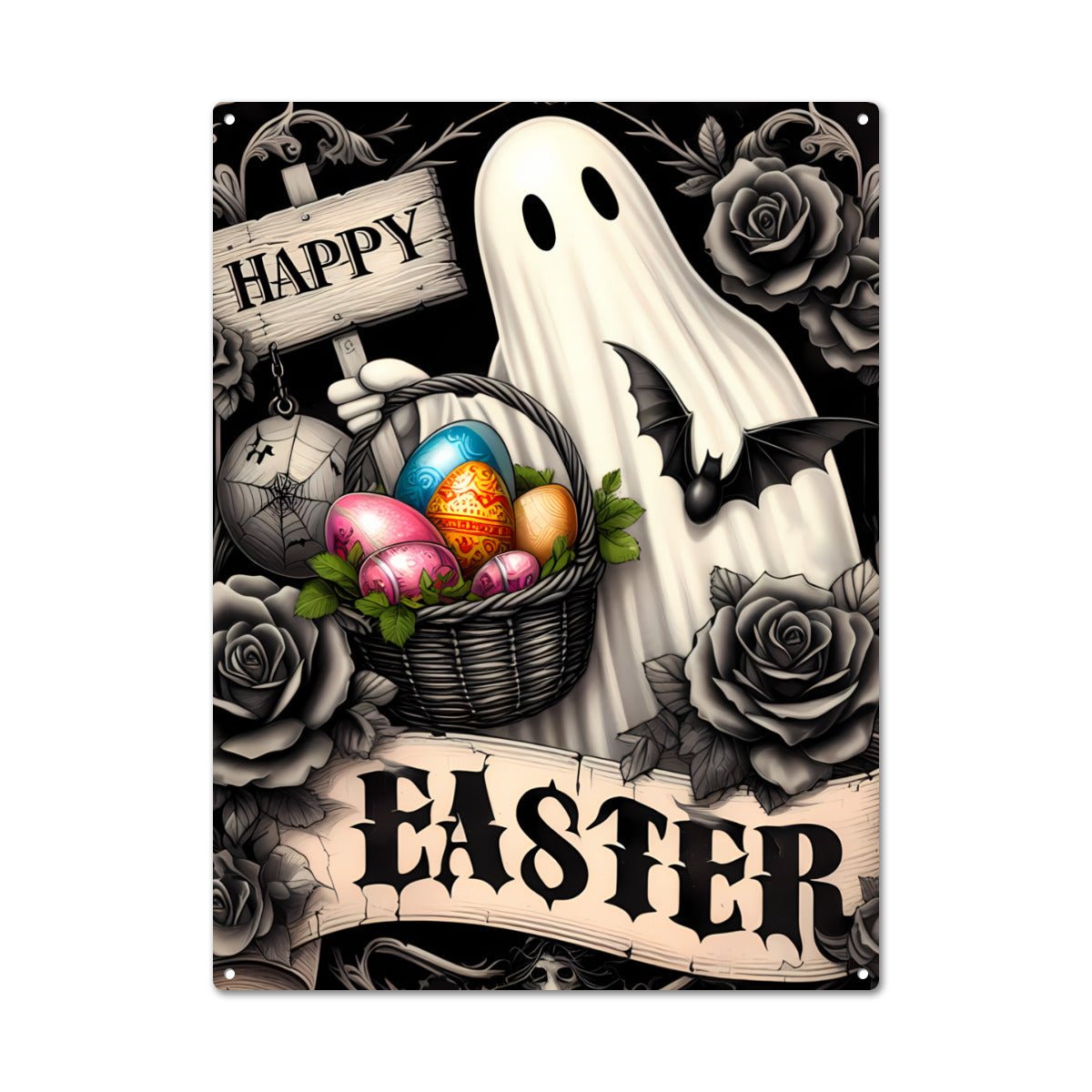 Happy Easter Ghost Metal SignVTZdesignsWhite12 × 16 Incheastereasterweengothic