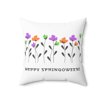 Happy Springoween Floral Spun Polyester Square Throw Pillow Halloween ColorsHome DecorVTZdesigns18" × 18"All Over PrintAOPBed