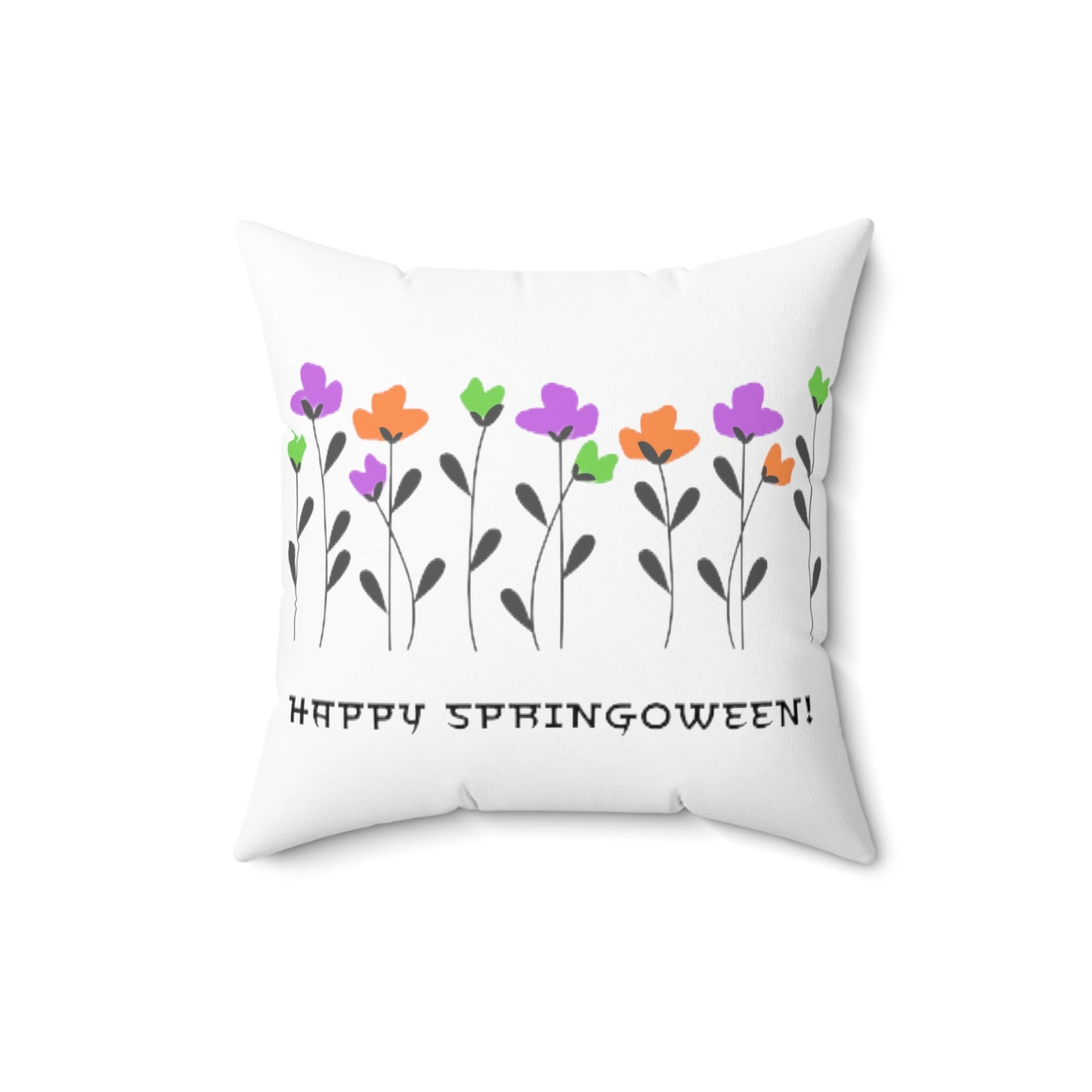 Happy Springoween Floral Spun Polyester Square Throw Pillow Halloween ColorsHome DecorVTZdesigns16" × 16"All Over PrintAOPBed
