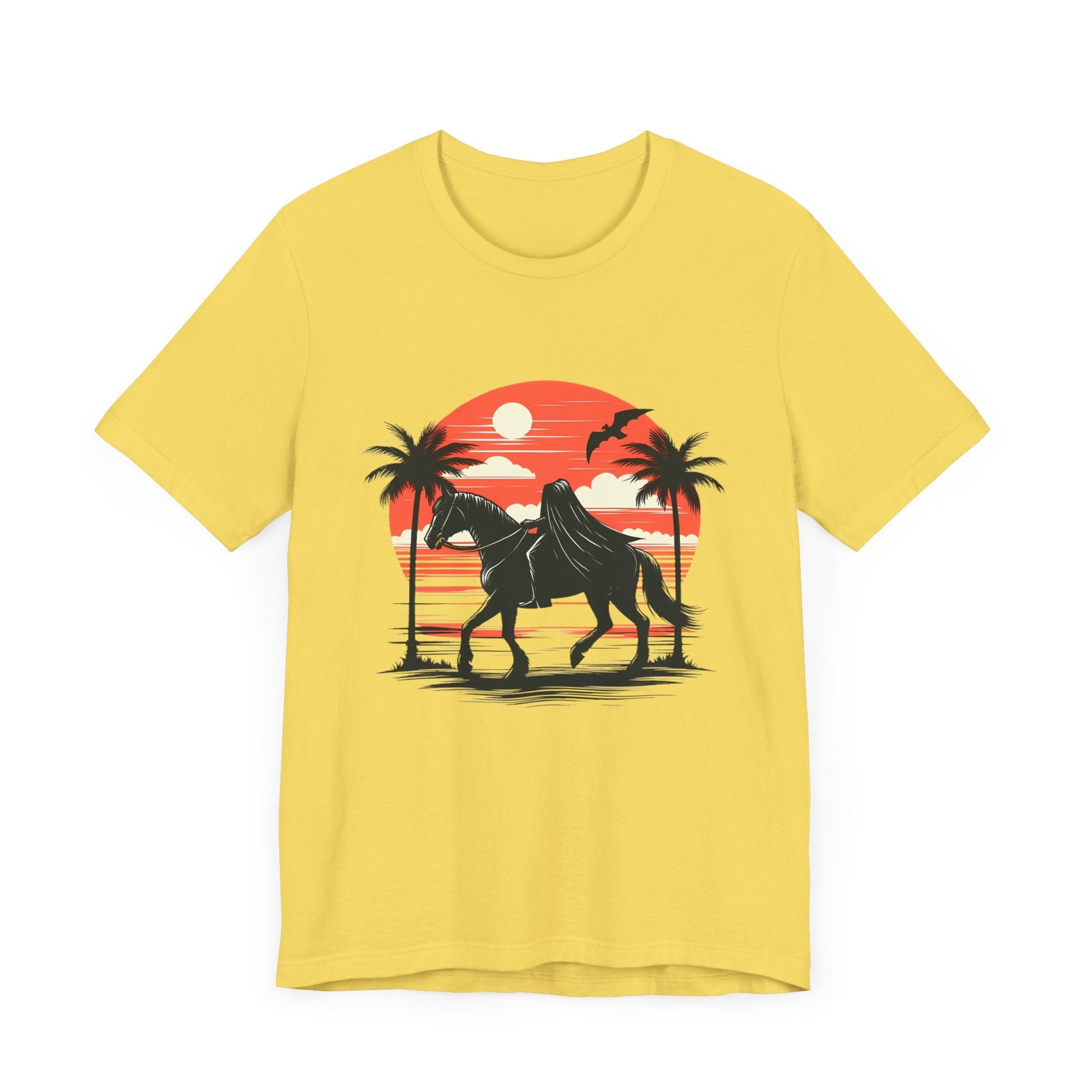 Headless Horseman On Tropical Beach Short Sleeve Tee ShirtT - ShirtVTZdesignsMaize YellowXSblack horseclothingCotton