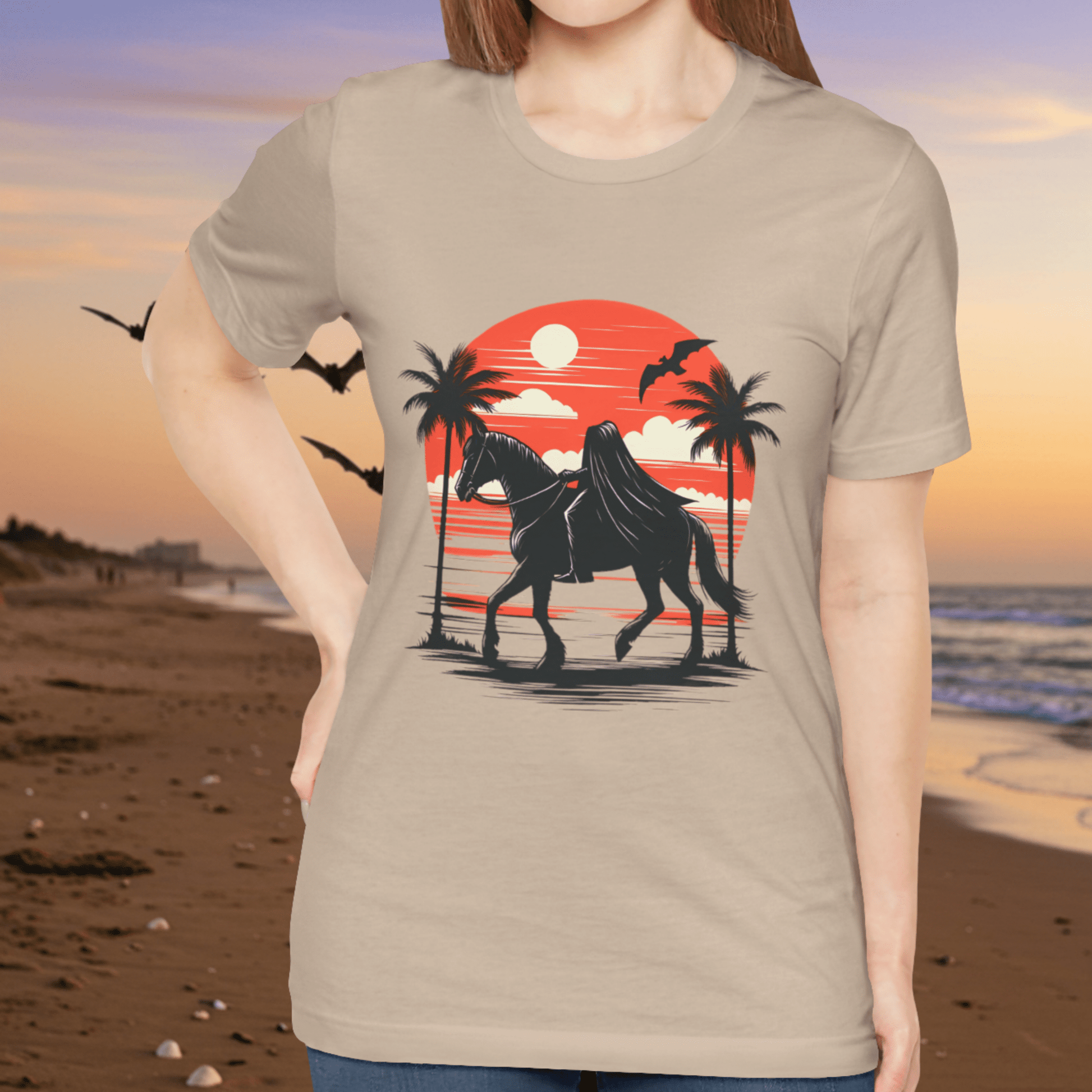 Headless Horseman On Tropical Beach Short Sleeve Tee ShirtT-ShirtVTZdesignsVintage WhiteXSblack horseclothingCotton