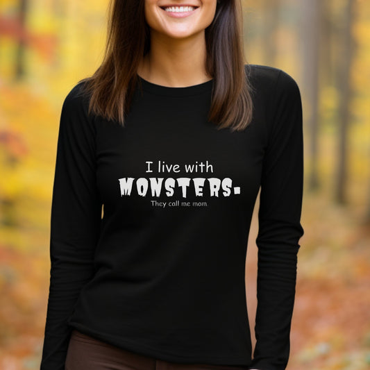 I Live With Monsters They Call Me Mom Jersey Long Sleeve Tee ShirtLong - sleeveVTZdesignsSBlackCrew neckDTGhalloween