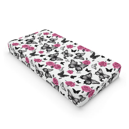 Pink Roses and Black Butterflies Baby Girl Changing Pad CoverAccessoriesVTZdesignsWhite baseOne sizeAccessoriesBabyBaby Accessories