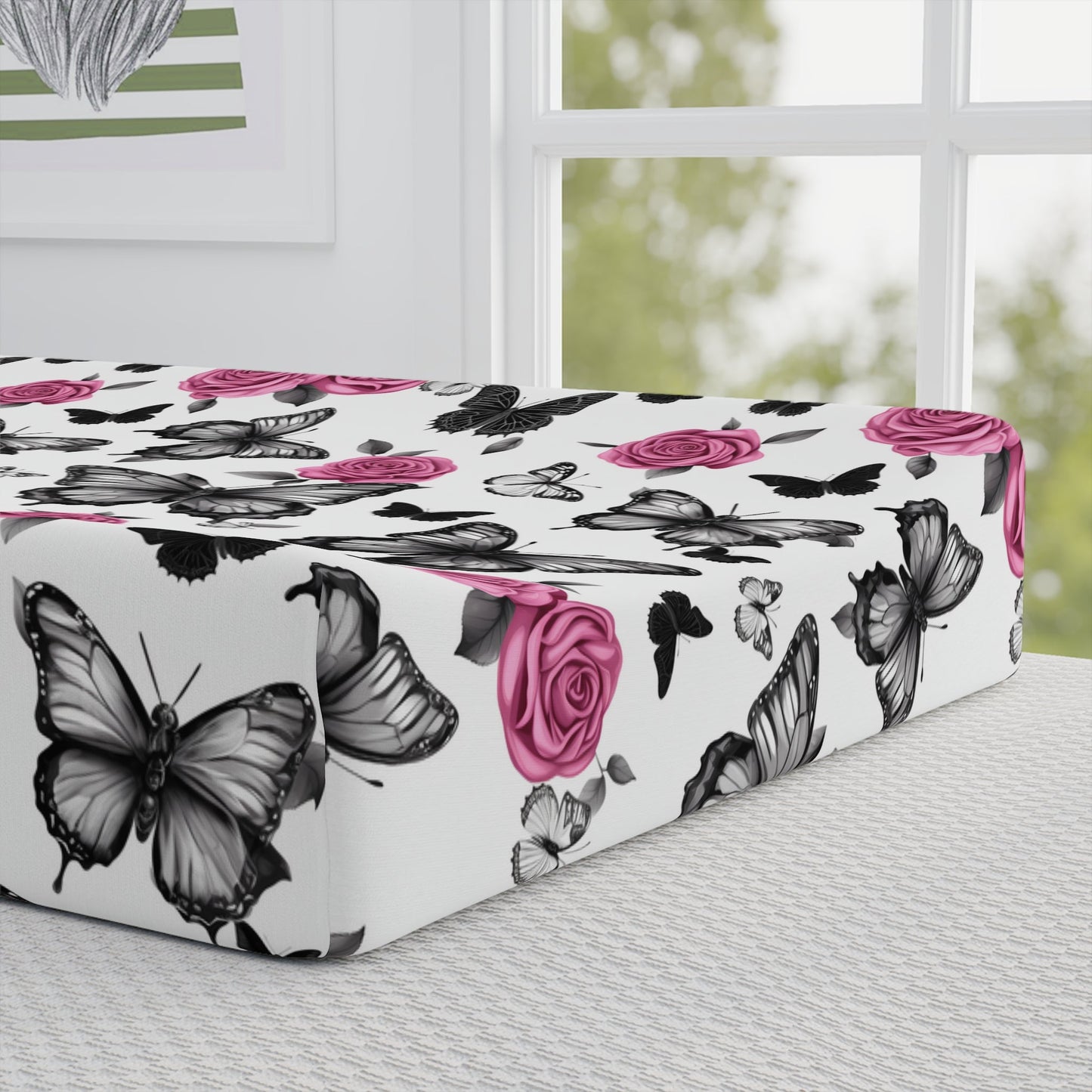 Pink Roses and Black Butterflies Baby Girl Changing Pad CoverAccessoriesVTZdesignsWhite baseOne sizeAccessoriesBabyBaby Accessories