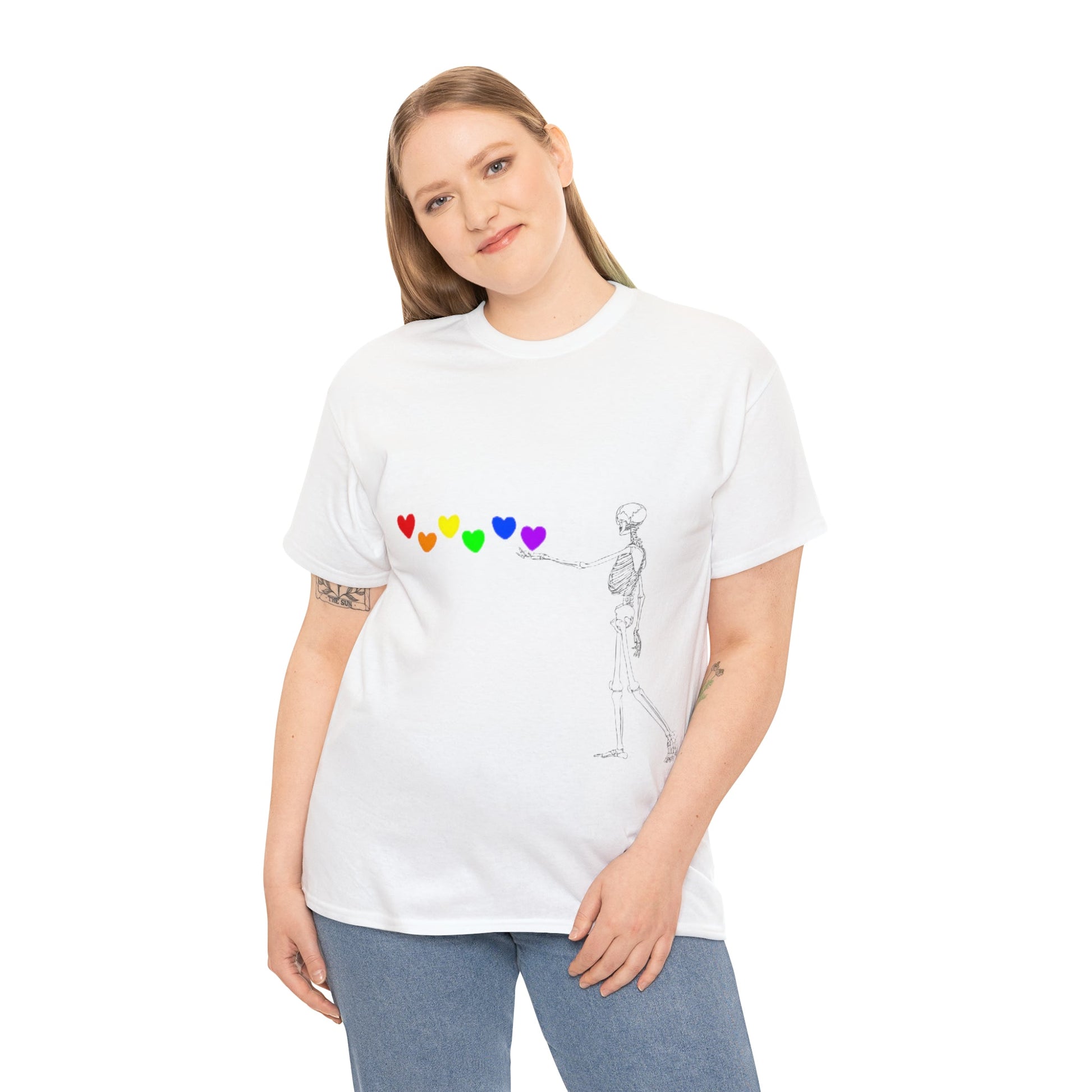 Pride Skeleton Rainbow Hearts Unisex Heavy Cotton Tee ShirtT - ShirtVTZdesignsWhiteSCrew neckDTGhalloween