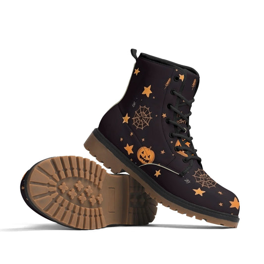 Pumpkins and Spiderwebs Leather BootsShoesVTZdesignsUS5 (EU35)blackbootscombat