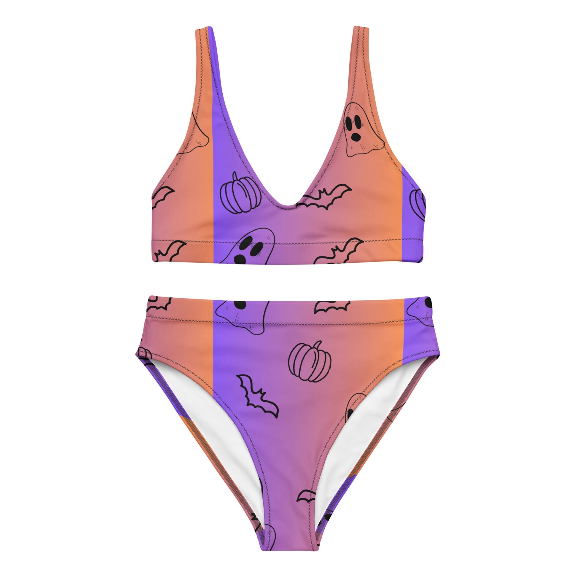 Purple Orange Ombre Halloween Bats Ghosts Pumpkins High Waisted BikiniVTZdesignsXSgradienthalloweenombre