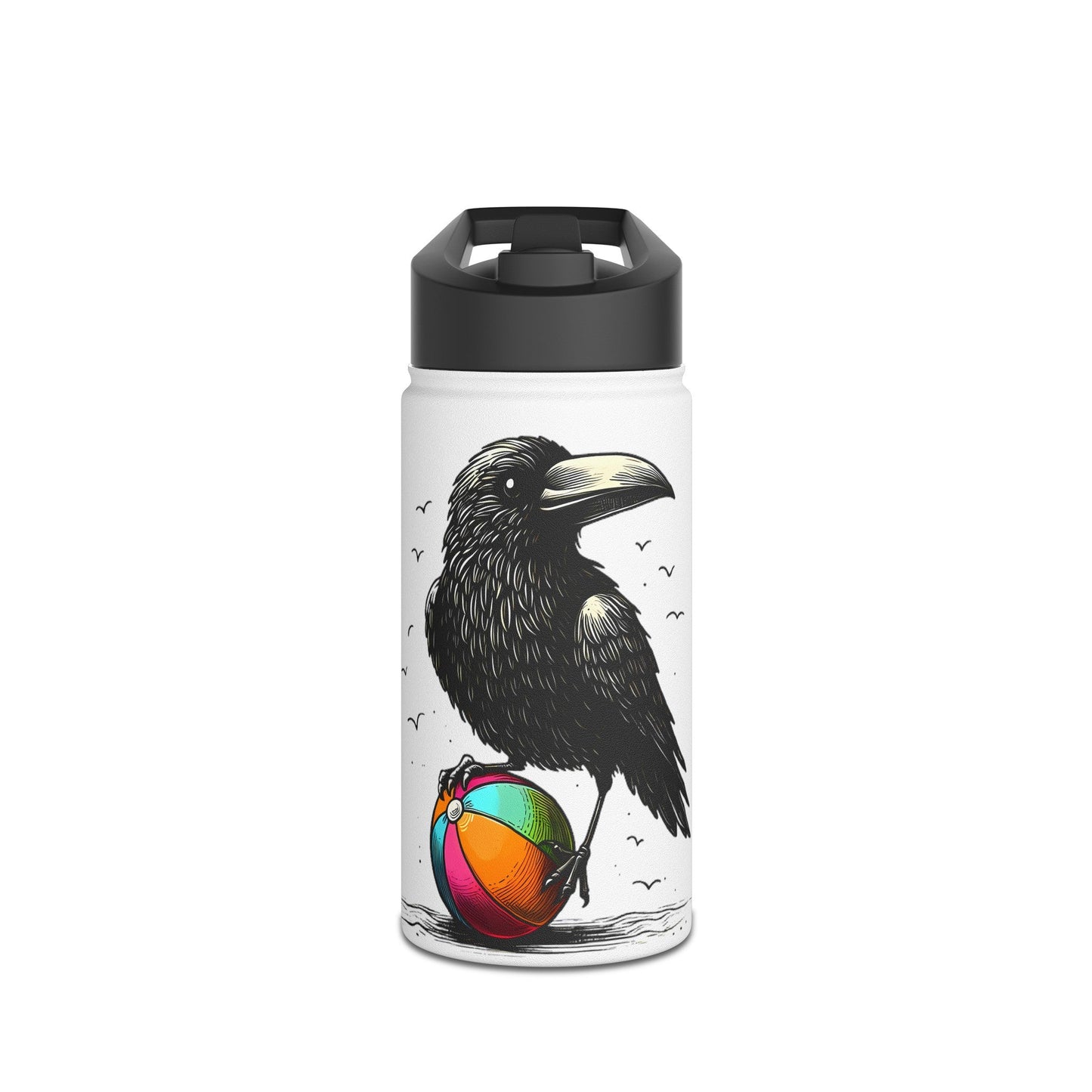 Raven on Beach Ball Stainless Steel Water BottleMugVTZdesigns12ozWhiteBack - to - SchoolBeverageBottles