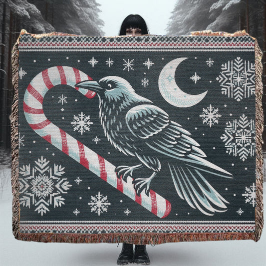 Raven on Candy Cane Woven Blanket Tapestry ThrowblanketVTZdesigns52x37 inchGraphicsblanketBlanketschristmas