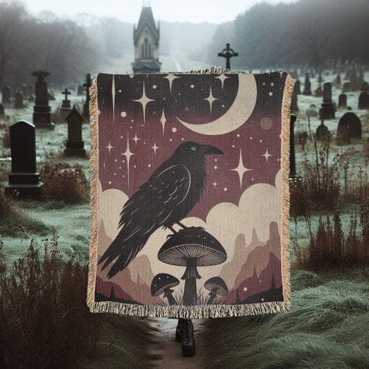 Raven On Mushroom Woven Blanket Tapestry ThrowBlanketsVTZdesigns52x37 inchPhotoblanketBlanketscelestial