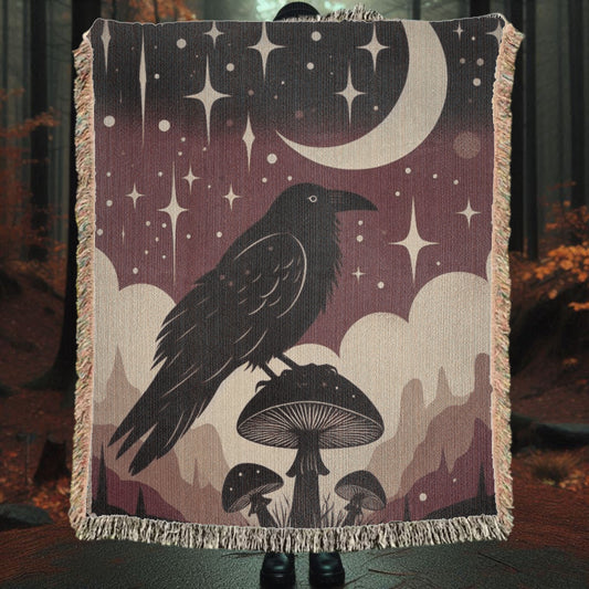 Raven On Mushroom Woven Blanket Tapestry ThrowBlanketsVTZdesigns52x37 inchPhotoblanketBlanketscelestial