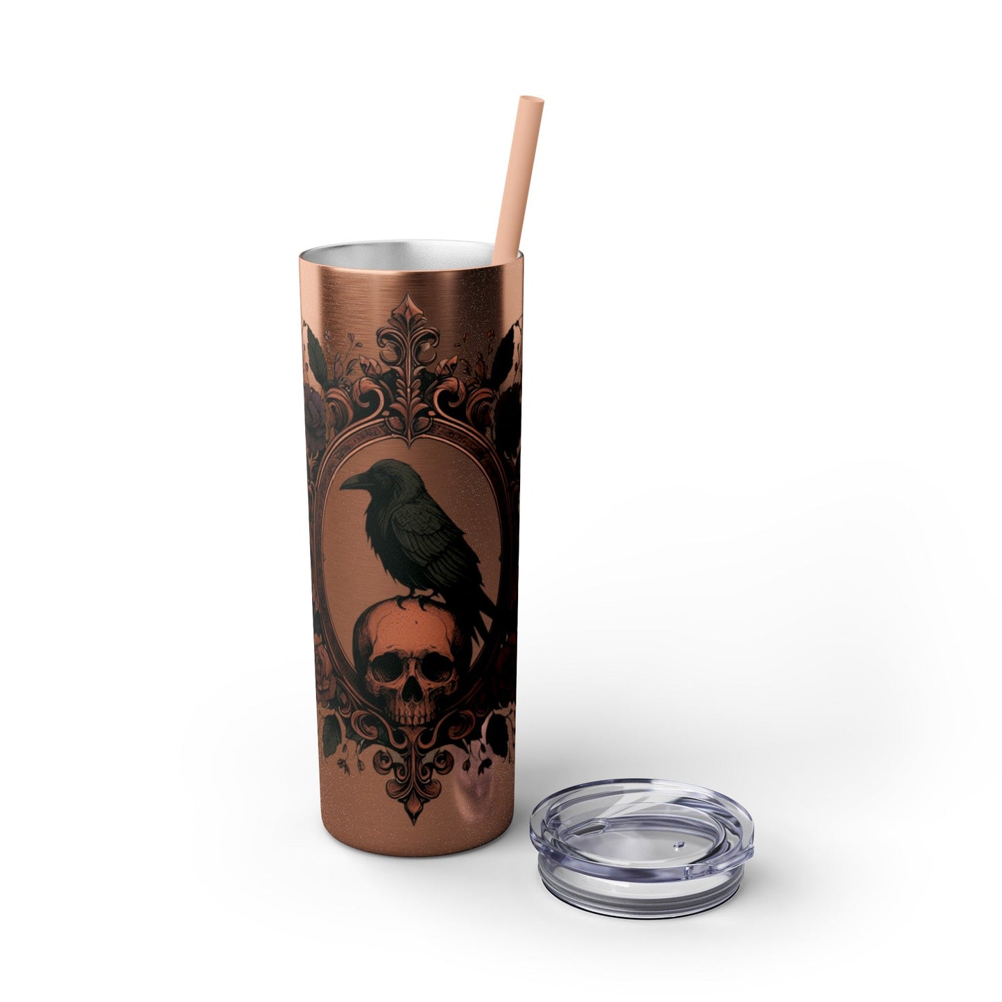 Raven Sitting on Skull In Ornate Frame Tumbler with StrawMugVTZdesignsMatteBlack20oz20 ozbaroqueBottles & Tumblers