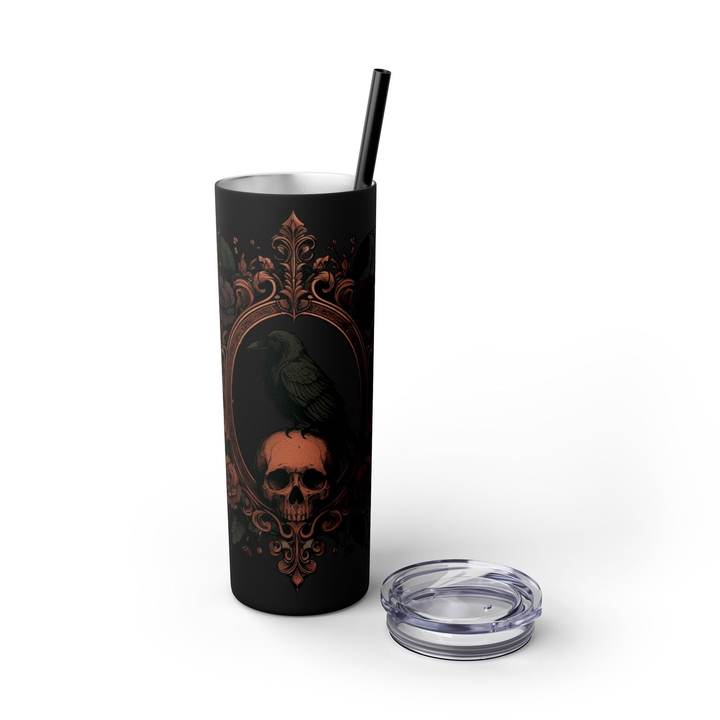 Raven Sitting on Skull In Ornate Frame Tumbler with StrawMugVTZdesignsMatteBlack20oz20 ozbaroqueBottles & Tumblers