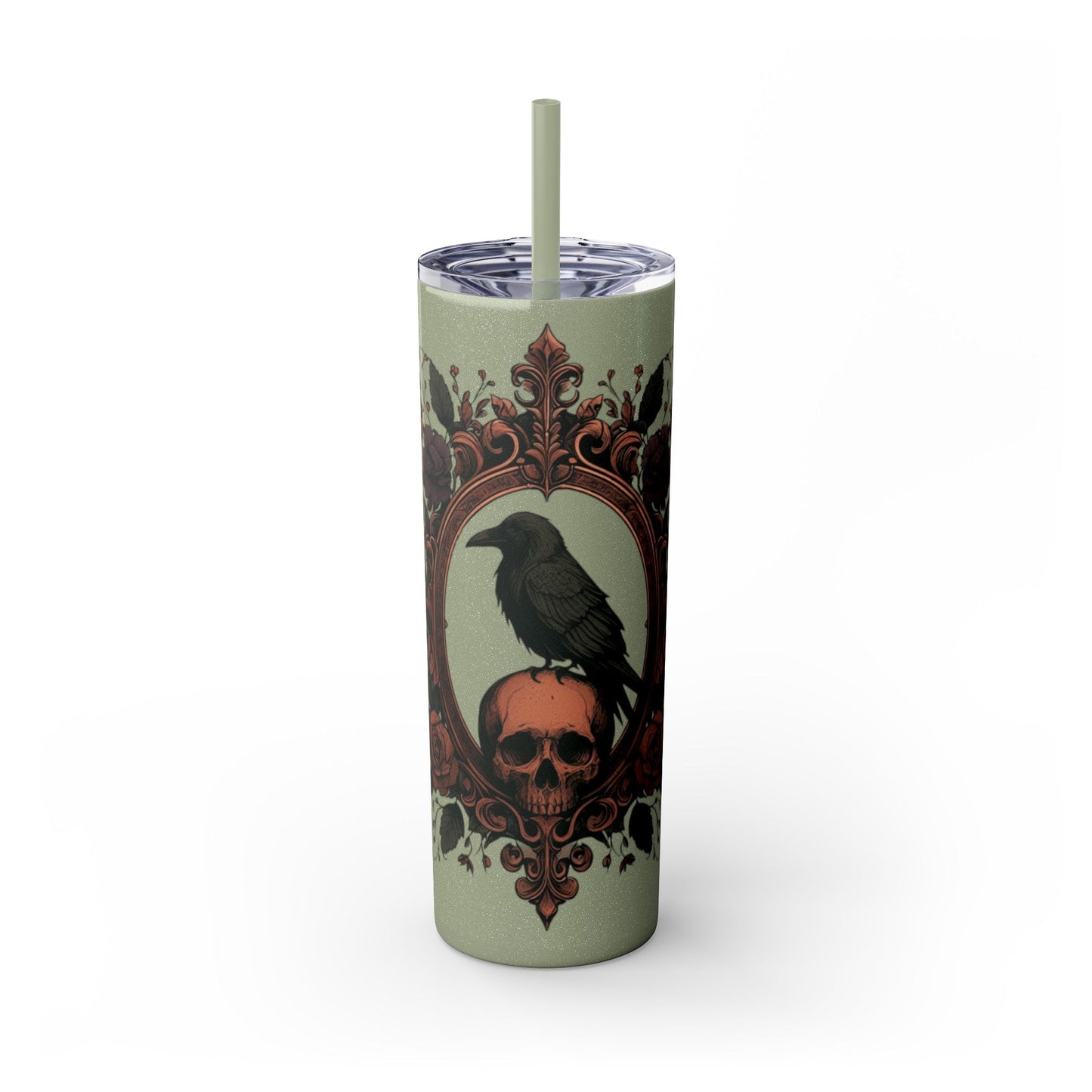 Raven Sitting on Skull In Ornate Frame Tumbler with StrawMugVTZdesignsGlossyGlitter Seascape20oz20 ozbaroqueBottles & Tumblers