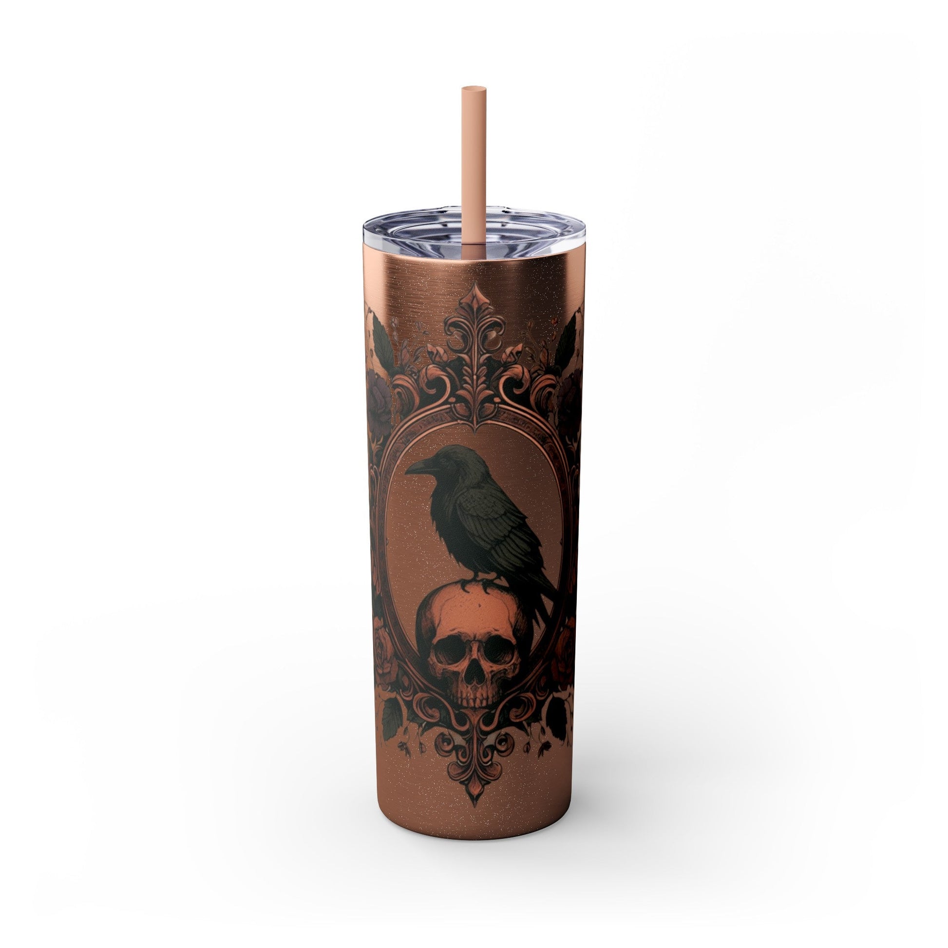 Raven Sitting on Skull In Ornate Frame Tumbler with StrawMugVTZdesignsGlossyGlitter Rosegold20oz20 ozbaroqueBottles & Tumblers