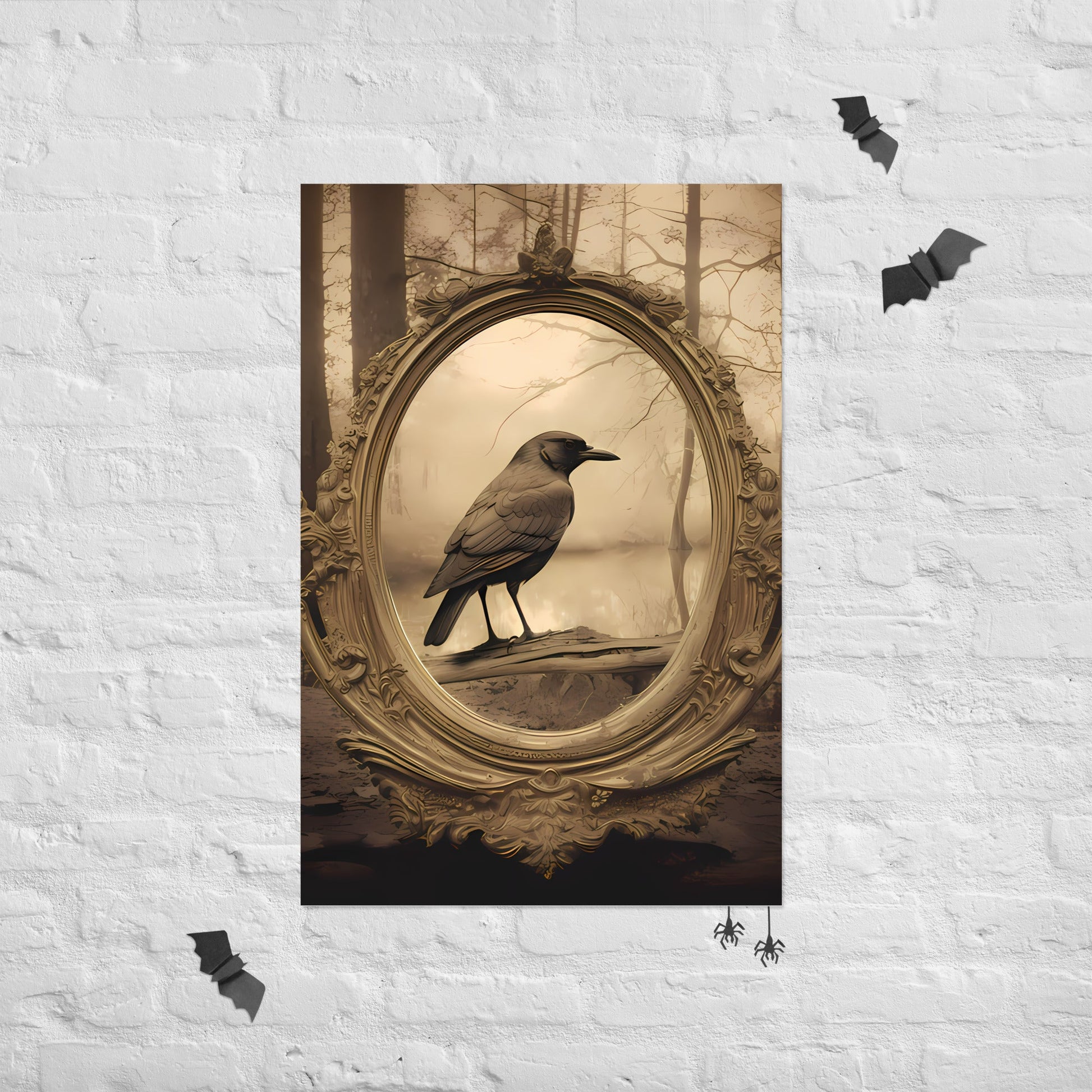 Sepia Crow Reflection In Vintage Antique Mirror PosterVTZdesigns24″×36″academiaantiquebaroque