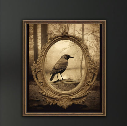 Sepia Crow Reflection In Vintage Antique Mirror PosterVTZdesigns5″×7″academiaantiquebaroque