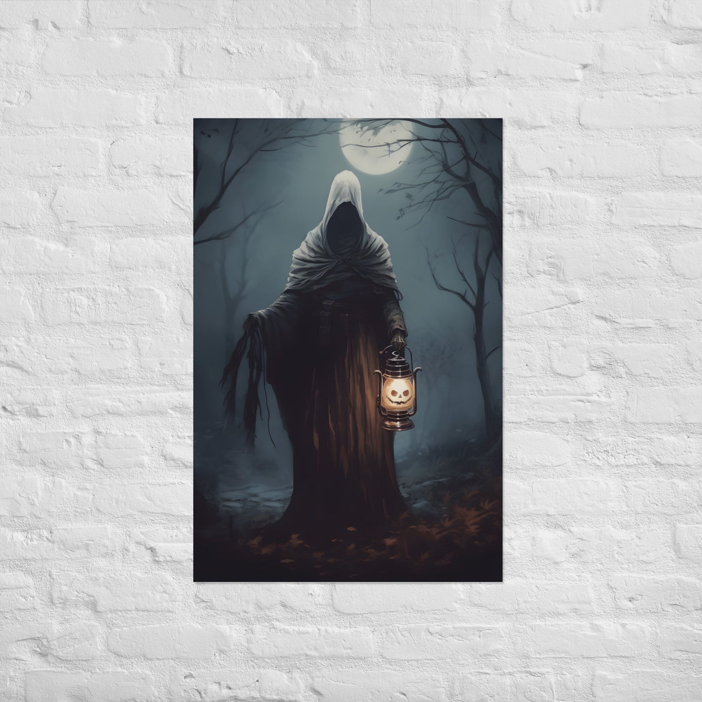 Sinister Ghost in a Forest Holding Pumpkin Lantern Wall Art Spooky Night PosterPaper productsVTZdesigns24″×36″academiaArt & Wall Decordark