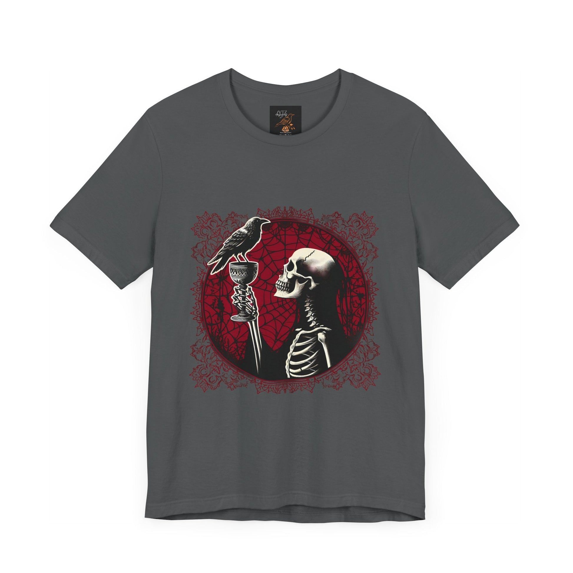Skeleton Holding Up Goblet With Raven Short Sleeve Tee ShirtT - ShirtVTZdesignsAsphaltXSbaroqueclothesclothing