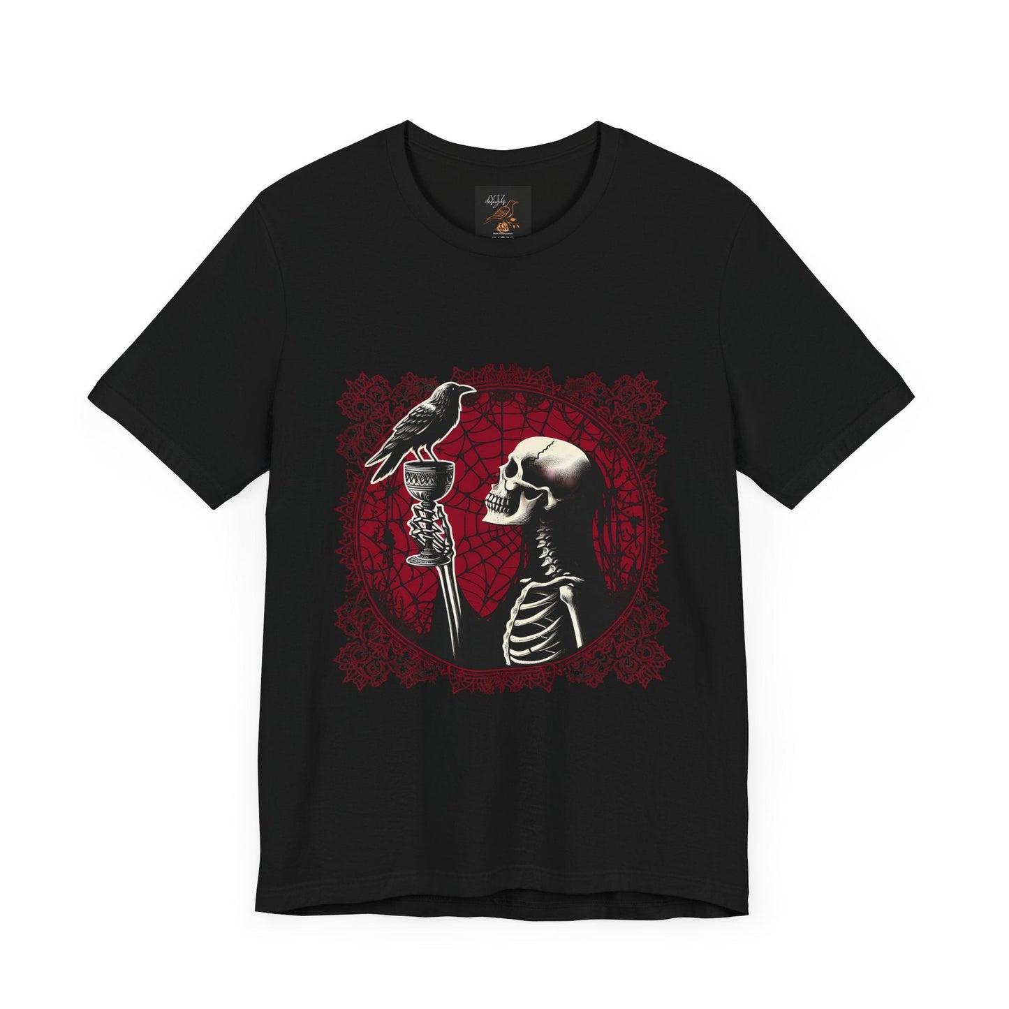 Skeleton Holding Up Goblet With Raven Short Sleeve Tee ShirtT - ShirtVTZdesignsBlackXSbaroqueclothesclothing