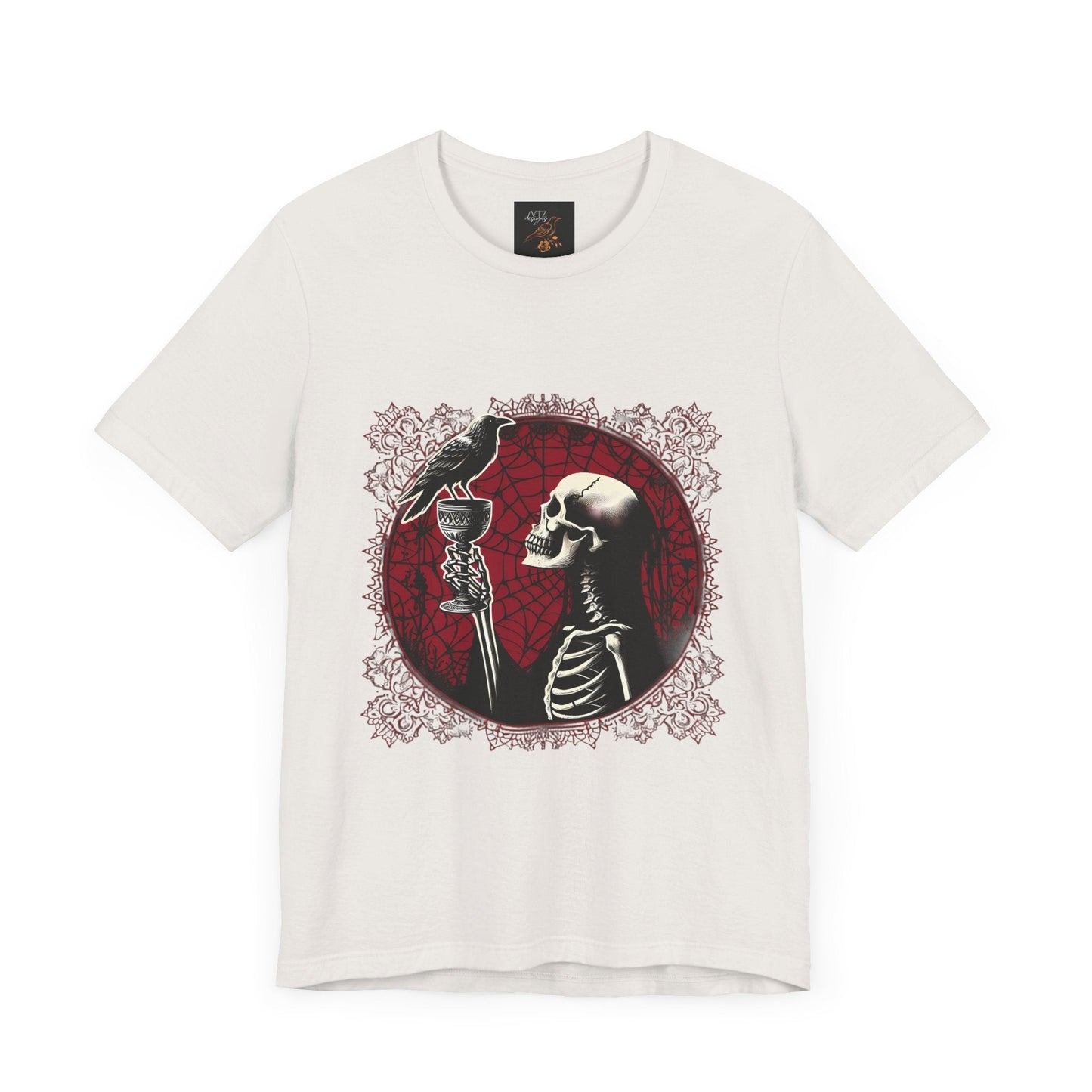 Skeleton Holding Up Goblet With Raven Short Sleeve Tee ShirtT - ShirtVTZdesignsVintage WhiteXSbaroqueclothesclothing