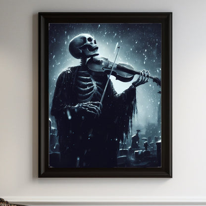 Skeleton Playing Violin in Snowy Cemetery PosterVTZdesigns5″×7″art printchristmasdark