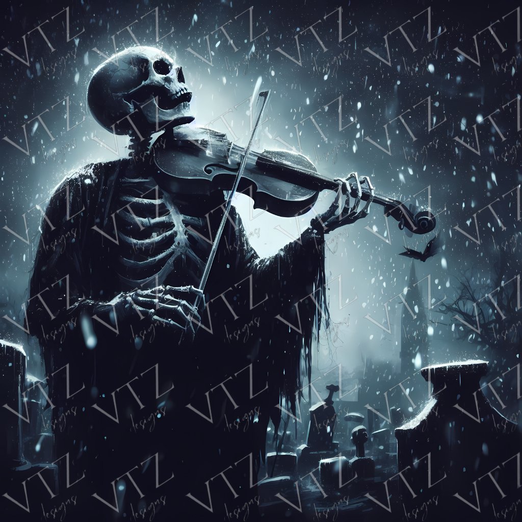 Skeleton Playing Violin in Snowy Cemetery PosterVTZdesigns5″×7″art printchristmasdark