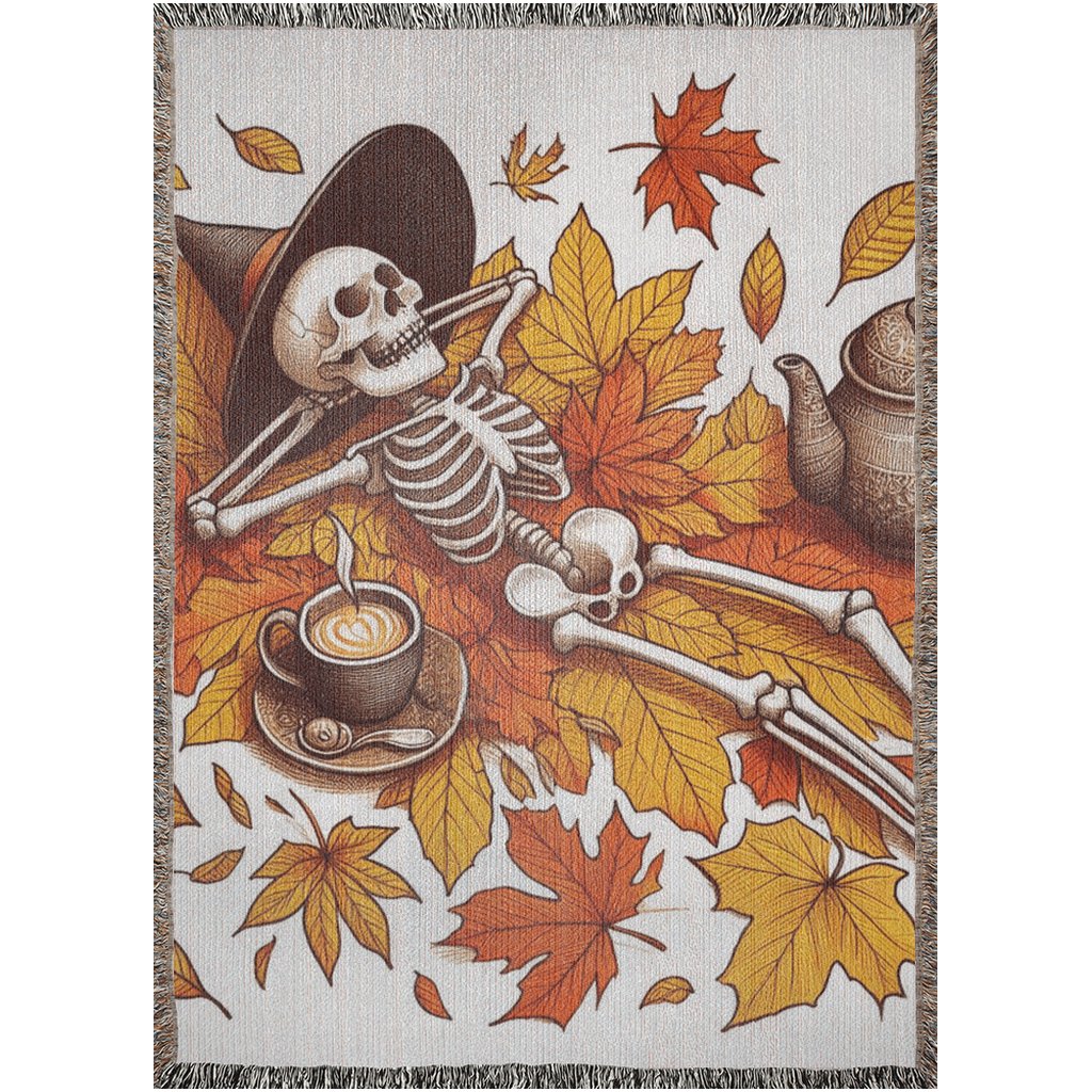 Skeleton Witch In Autumn Leaves Woven Blanket Tapestry ThrowBlanketsVTZdesigns52x37 inchPhotoautumnblanketBlankets