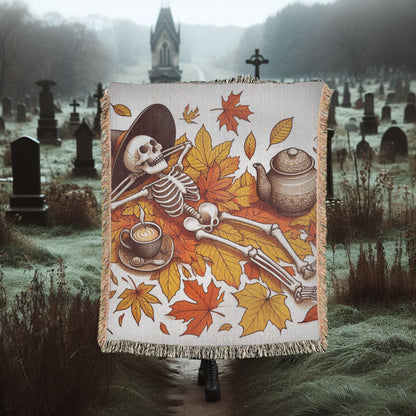 Skeleton Witch In Autumn Leaves Woven Blanket Tapestry ThrowBlanketsVTZdesigns52x37 inchPhotoautumnblanketBlankets