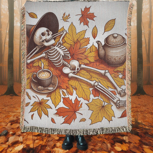 Skeleton Witch In Autumn Leaves Woven Blanket Tapestry ThrowBlanketsVTZdesigns52x37 inchPhotoautumnblanketBlankets