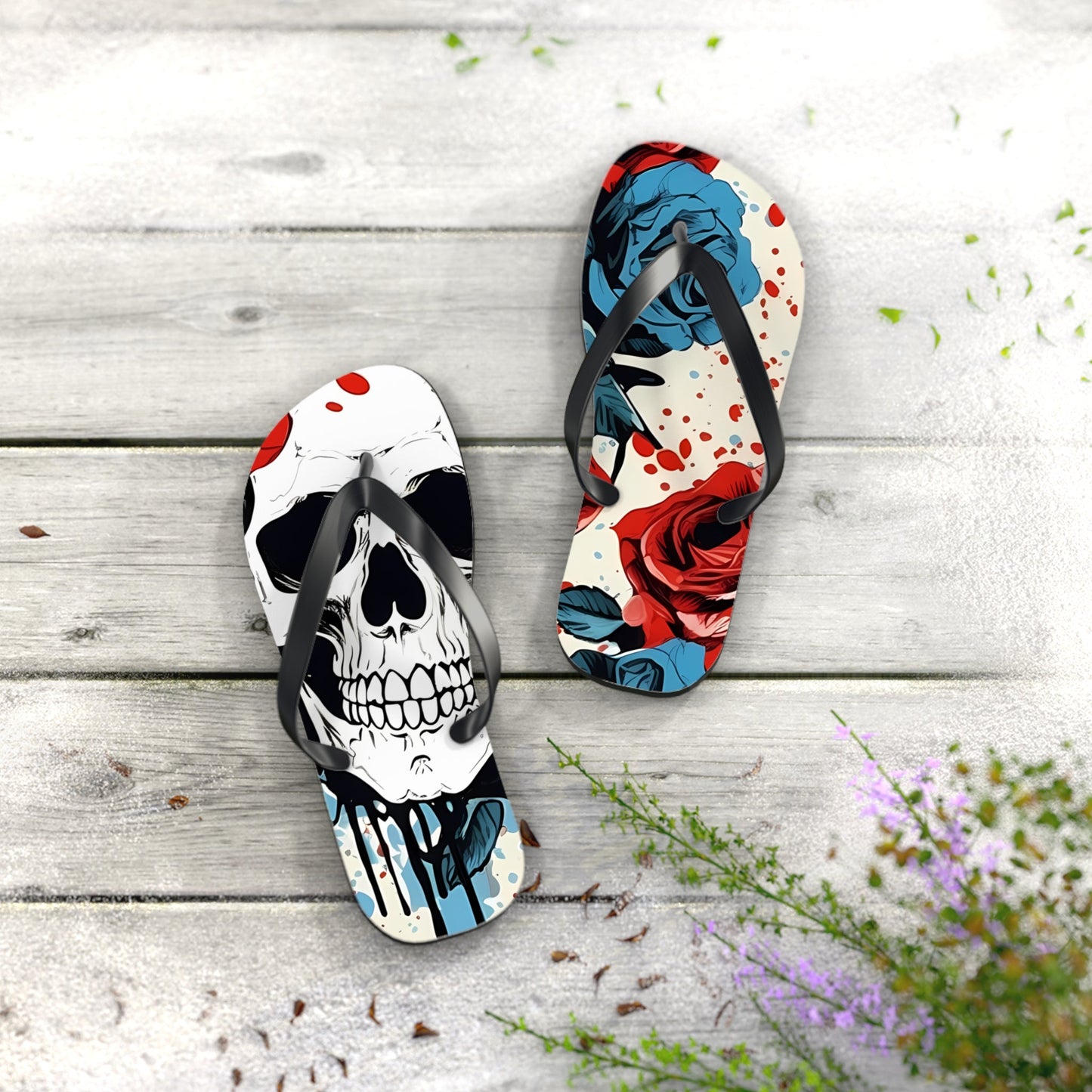 Skull Rose Flip FlopsShoesVTZdesignsXLBlack solehalloweenIndoorMen's Clothing