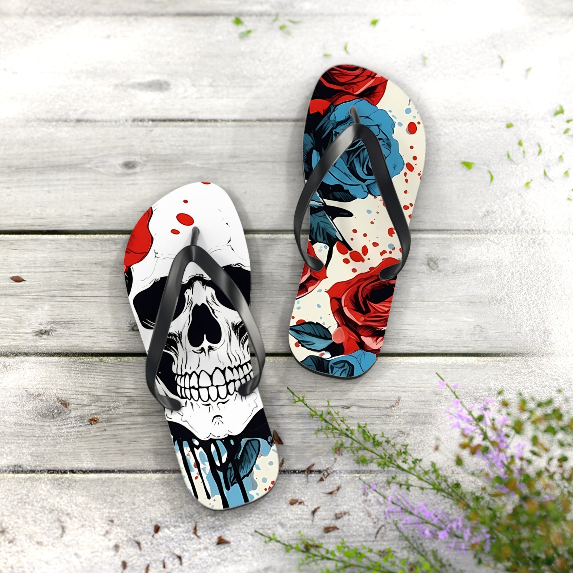 Skull Rose Flip FlopsShoesVTZdesignsXLBlack solehalloweenIndoorMen's Clothing