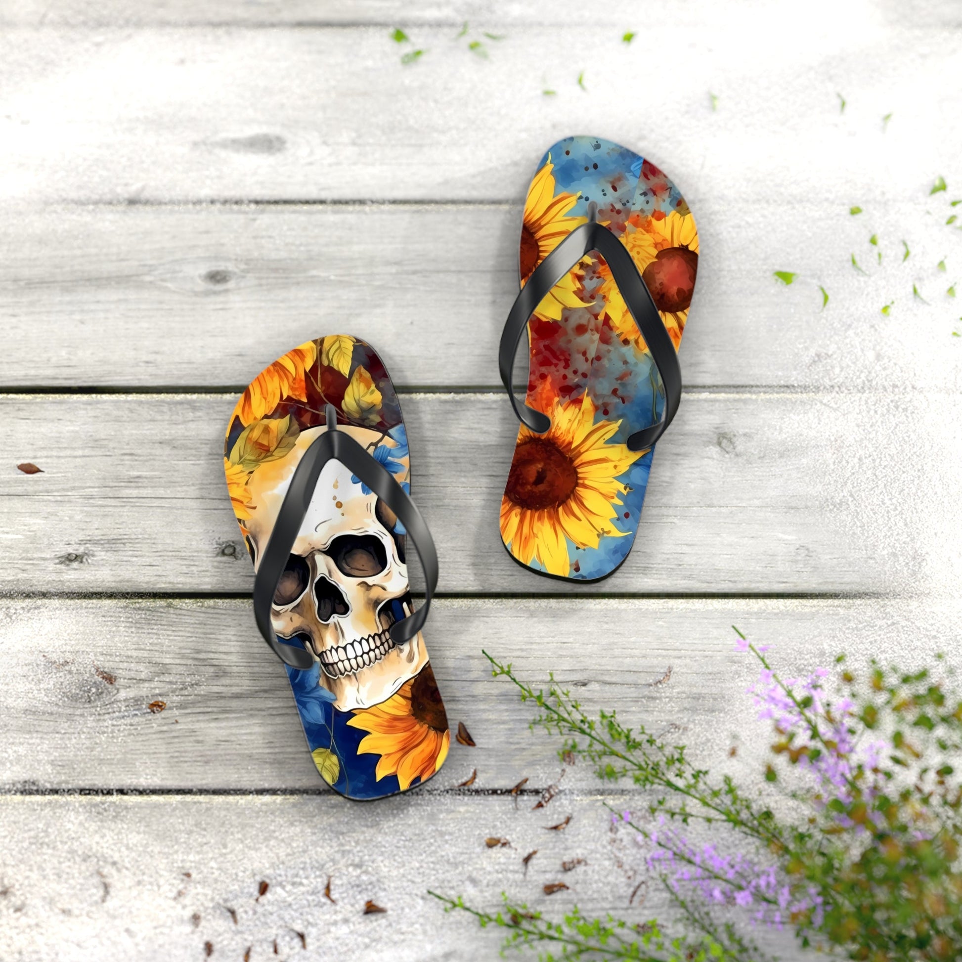 Skull Sunflower Flip FlopsShoesVTZdesignsXLBlack soleIndoorMen's ClothingOutdoor