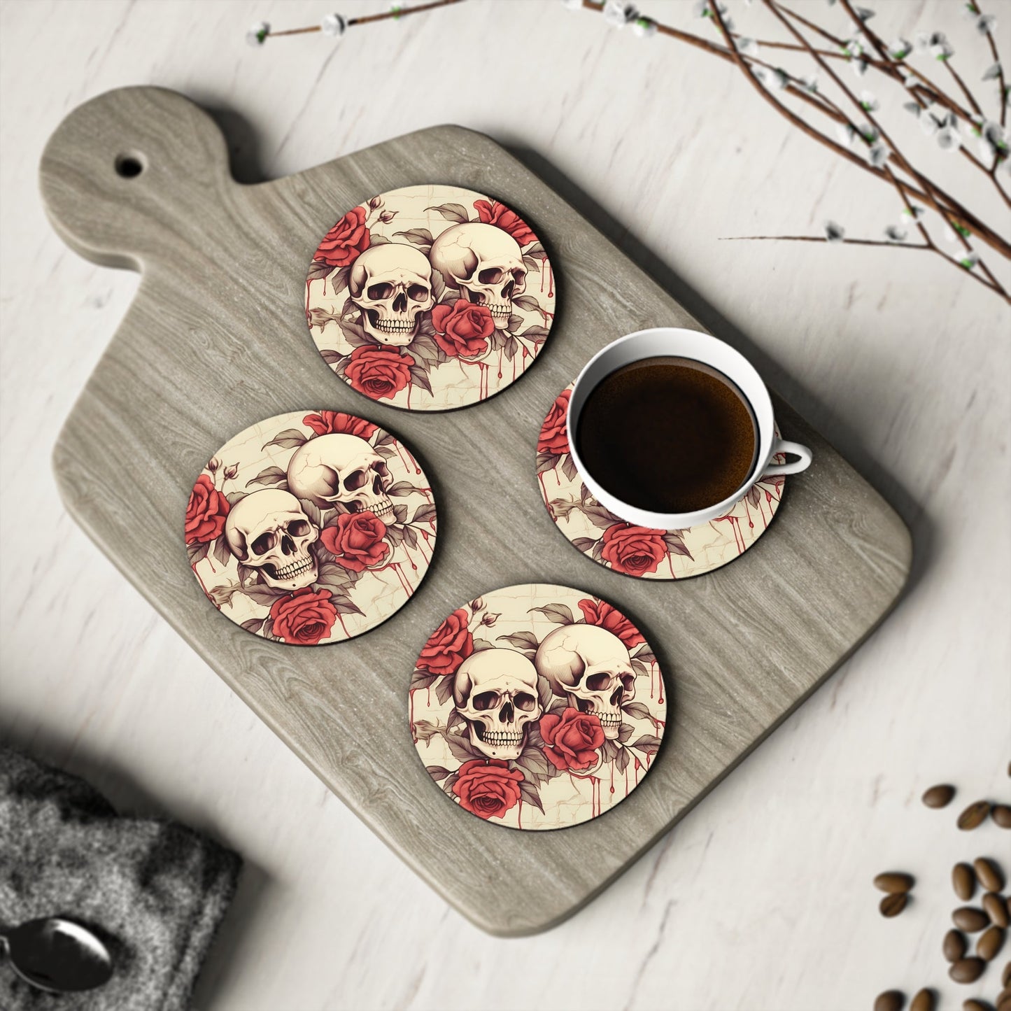 Skulls and Roses Coasters Set Round or SquareHome DecorVTZdesignsRound3.7" x 3.7"4 - piece setAccessoriesCoastersDesk