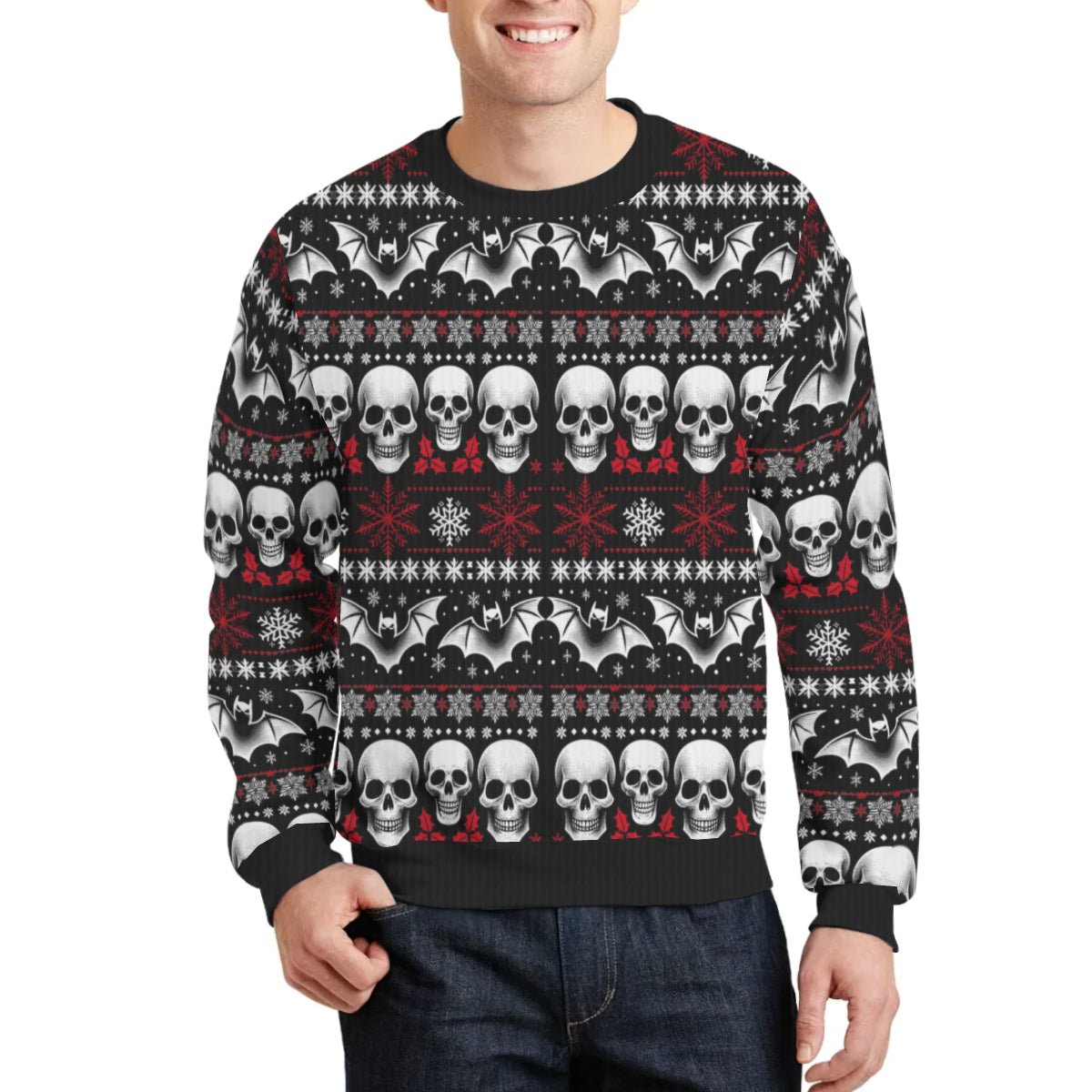 Skulls Bats and Snowflakes Pullover SweaterSweatshirtVTZdesignsWhiteSAOP Clothingchristmasclothing