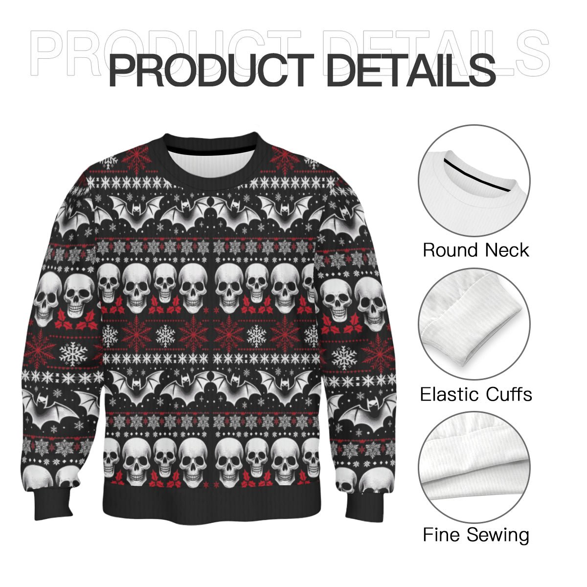 Skulls Bats and Snowflakes Pullover SweaterSweatshirtVTZdesignsWhiteSAOP Clothingchristmasclothing