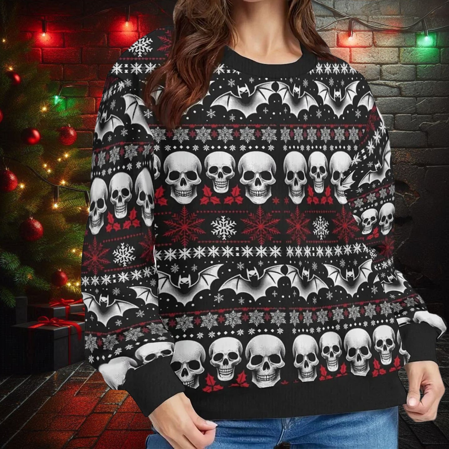 Skulls Bats and Snowflakes Pullover SweaterSweatshirtVTZdesignsWhiteSAOP Clothingchristmasclothing